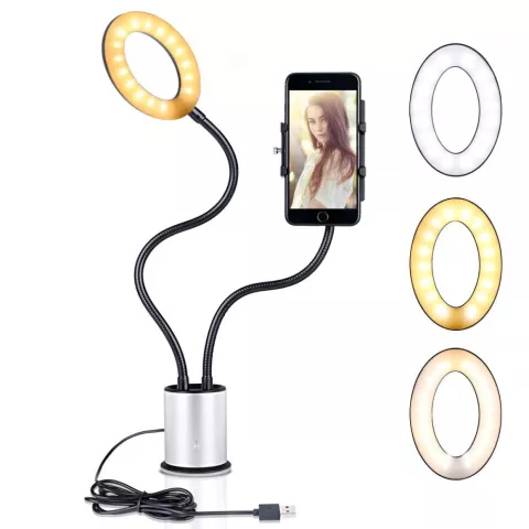 Selfie Licht Smartphone Halter dimmbar 3 Farben Licht - Silber Schwarz