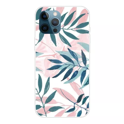 Tropical Leaves TPU Pastellfarbene Bl&auml;tter H&uuml;lle f&uuml;r iPhone 13 Pro Max - Pink, Gr&uuml;n &amp; Weiss