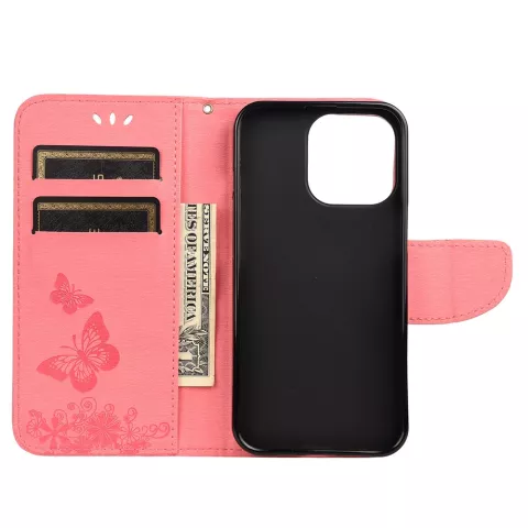 Brieftasche B&uuml;cherregal Kunstleder Schmetterlinge und Blumen H&uuml;lle f&uuml;r iPhone 13 Pro Max - Rosa