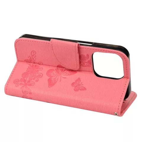 Brieftasche B&uuml;cherregal Kunstleder Schmetterlinge und Blumen H&uuml;lle f&uuml;r iPhone 13 Pro Max - Rosa