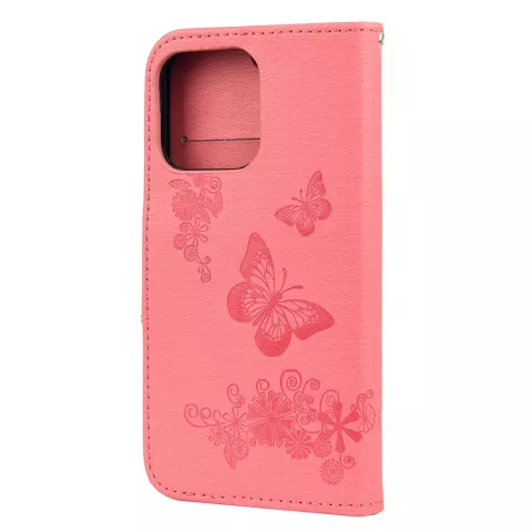 Brieftasche B&uuml;cherregal Kunstleder Schmetterlinge und Blumen H&uuml;lle f&uuml;r iPhone 13 - Rosa