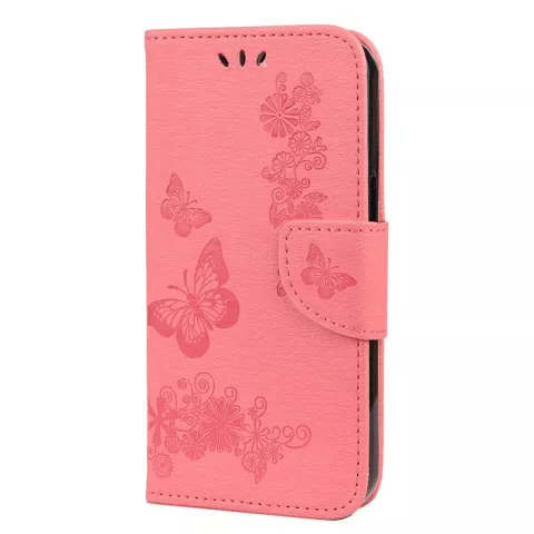 Brieftasche B&uuml;cherregal Kunstleder Schmetterlinge und Blumen H&uuml;lle f&uuml;r iPhone 13 Mini - Pink