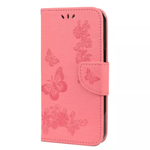 Wallet Bookcase Kunstleder Schmetterlinge und Blumen H&uuml;lle Kompatibel mit iPhone 13 mini - rosa