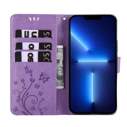 Wallet B&uuml;cherregal Kunstleder Pflanzen und Schmetterlinge H&uuml;lle f&uuml;r iPhone 13 Pro Max - Lila