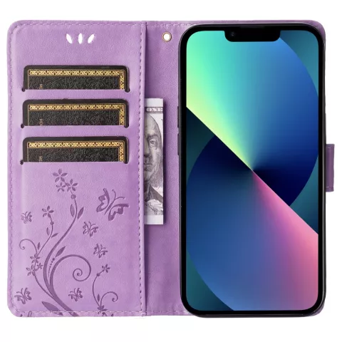 Wallet B&uuml;cherregal Kunstleder Pflanzen und Schmetterlinge H&uuml;lle f&uuml;r iPhone 13 - Lila