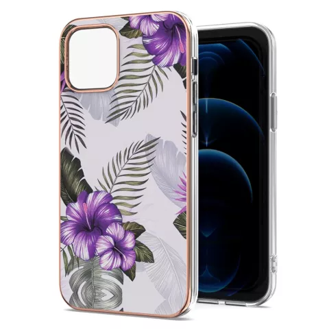 Tropisches TPU H&uuml;lle mit tropischen Pflanzen und Blumen f&uuml;r iPhone 13 mini - lila