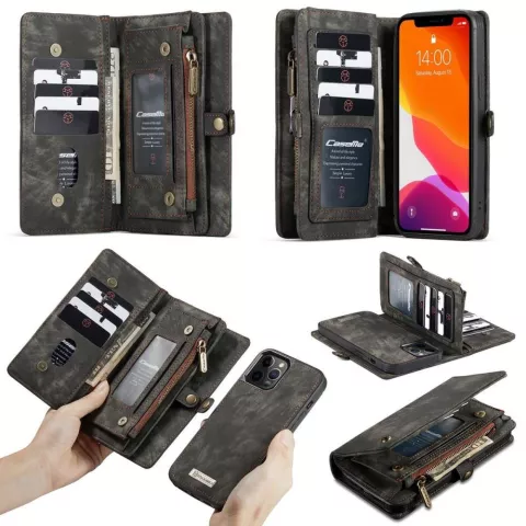 Caseme Retro Wallet Spaltlederh&uuml;lle Kompatibel mit iPhone 12 und iPhone 12 Pro - Schwarz