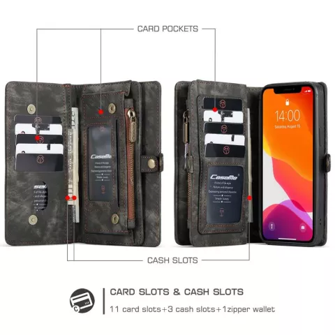 Caseme Retro Wallet Spaltlederh&uuml;lle Kompatibel mit iPhone 12 und iPhone 12 Pro - Schwarz