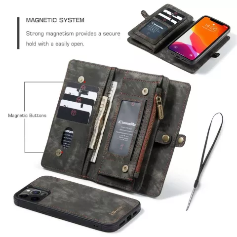 Caseme Retro Wallet Spaltlederh&uuml;lle Kompatibel mit iPhone 12 und iPhone 12 Pro - Schwarz