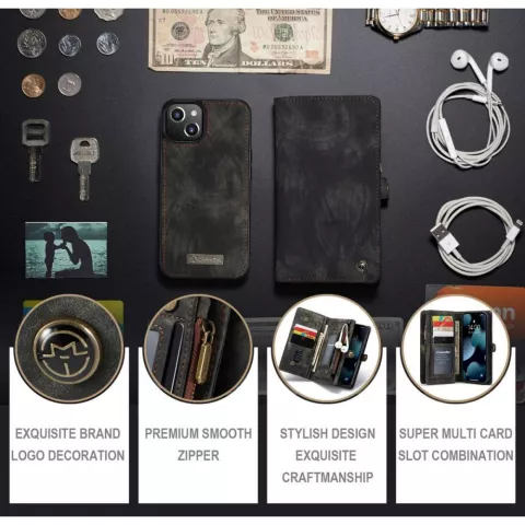 Caseme Retro Wallet Spaltlederh&uuml;lle Kompatibel mit iPhone 13 mini - Schwarz