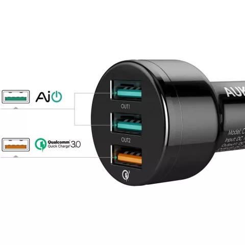 Aukey CC-T11 Autoladeger&auml;t USB-A Quick Charge 3.0 Trio Port - Schwarz