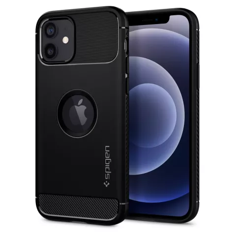 Spigen Rugged Armor TPU mit Air Cushion Carbonfaser-H&uuml;lle Kompatibel mit iPhone 12 und iPhone 12 Pro - Schwarz