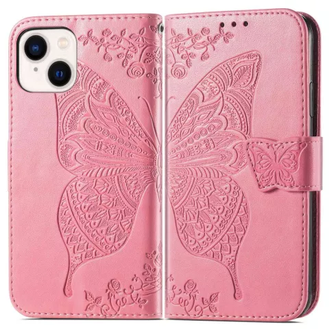 Butterfly Wallet Kunstlederh&uuml;lle f&uuml;r iPhone 14 - Rosa