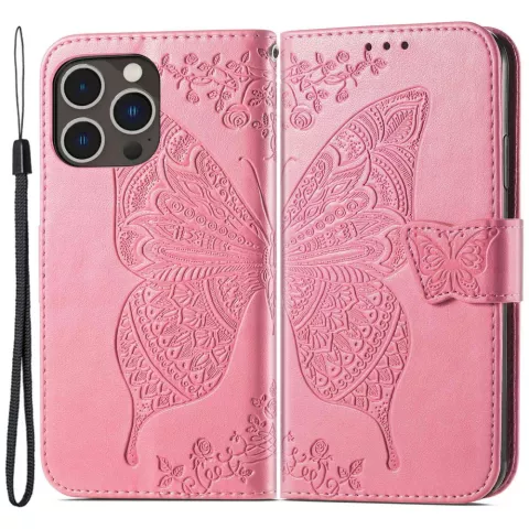 Butterfly Wallet Kunstlederh&uuml;lle f&uuml;r iPhone 14 Pro - rosa