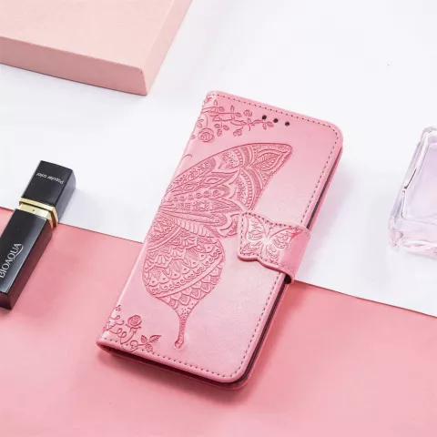 Butterfly Wallet Kunstlederh&uuml;lle f&uuml;r iPhone 14 Pro - rosa