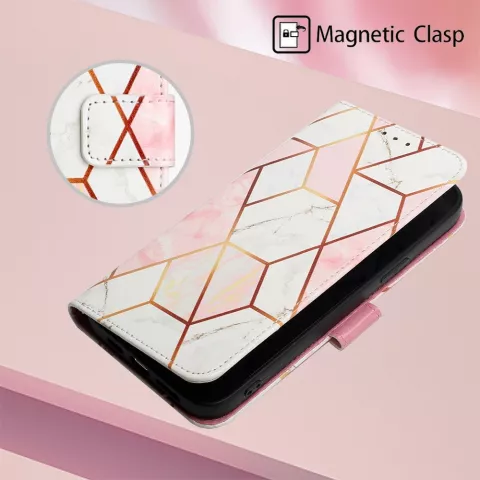 Rose Marble Wallet Kunstlederh&uuml;lle f&uuml;r iPhone 14 Pro - weiss und pink