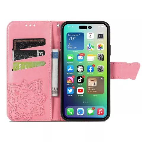 Butterfly Wallet Kunstledertasche f&uuml;r iPhone 14 Plus - Pink