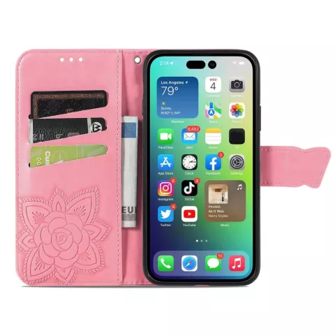 Butterfly Wallet Kunstlederh&uuml;lle f&uuml;r iPhone 14 Pro Max - Rosa