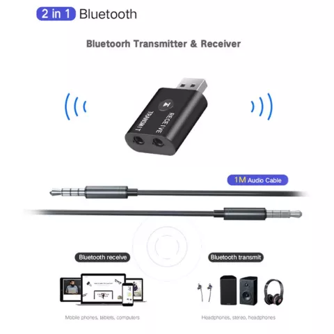 Bluetooth-Sender und -Empf&auml;nger mit USB-A AUX/Buchse 2-in-1-Adapter Sender und Empf&auml;nger