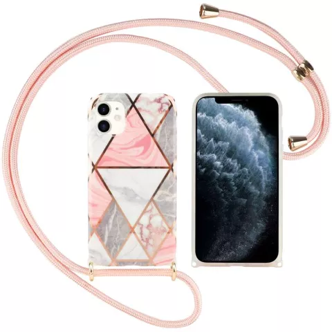 Just in Case Geometry Pattern TPU Case mit Kordel f&uuml;r iPhone 12 und iPhone 12 Pro - Pink Marmor