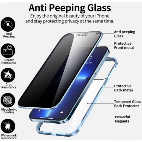 Just in Case Magnetic Metal Privacy Tempered Glass Cover Case f&uuml;r iPhone 13 Pro - schwarz