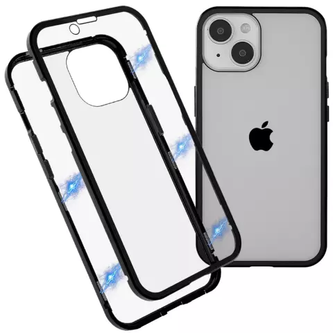 Just in Case Magnetic Metal Tempered Glass Cover Case f&uuml;r iPhone 14 - schwarz und transparent