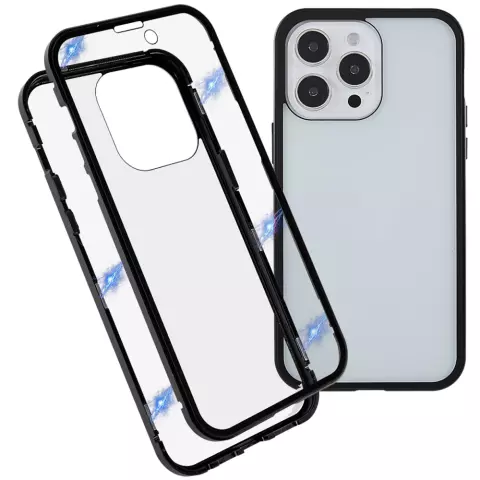 Just in Case Magnetic Metal Tempered Glass Cover Case f&uuml;r iPhone 14 Pro - schwarz und transparent