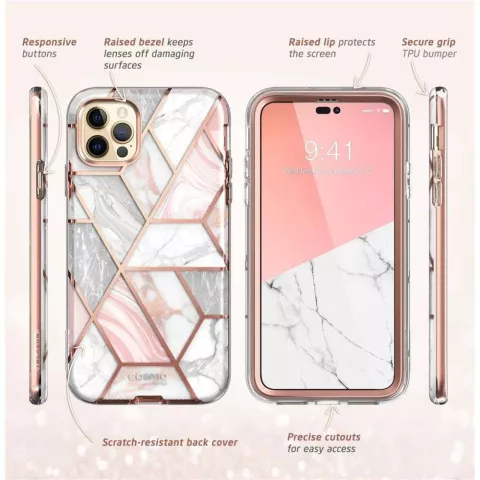 Supcase Cosmo Case Marmorh&uuml;lle Kompatibel mit iPhone 14 Pro Max - Ros&eacute;gold