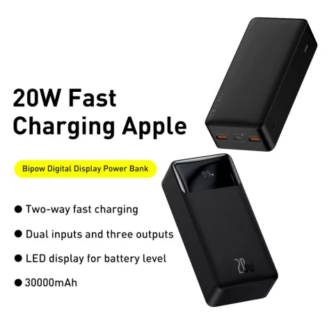 Baseus Bipow PowerBank XL 30000mAh 20W Extra grosse Kapazit&auml;t mit Display - Schwarz