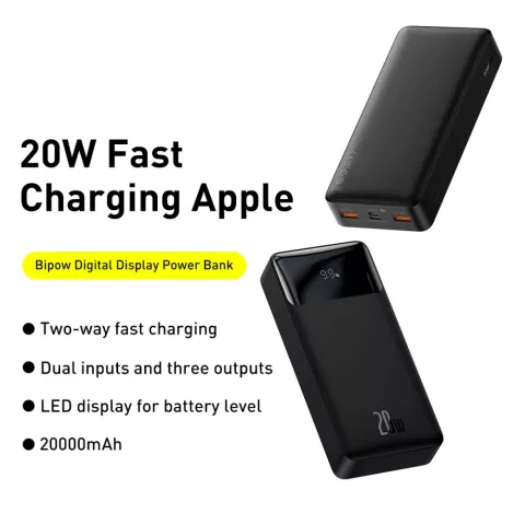 Baseus Bipow Power Bank 20000 mAh 20 W Schnellladung Dual USB-A und USB-C - Schwarz