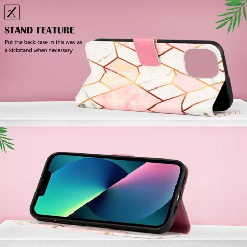 Rose Marble Wallet Kunstlederh&uuml;lle f&uuml;r iPhone 15 Pro - Weiss und Rosa