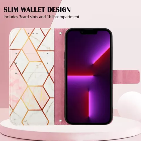 Rose Marble Wallet Kunstlederh&uuml;lle Kompatibel mit iPhone 13 Pro - Weiss und Rosa