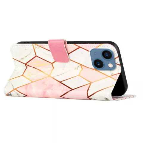 Rose Marble Wallet Kunstlederh&uuml;lle f&uuml;r iPhone 13 mini - Weiss und Rosa