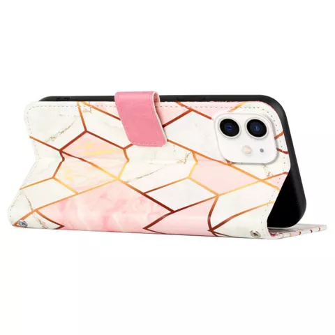 Rose Marble Wallet Kunstlederh&uuml;lle f&uuml;r iPhone 12 und 12 Pro - Wei&szlig; und Rosa