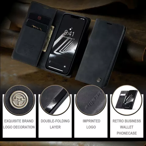 Caseme Retro Wallet Case H&uuml;lle f&uuml;r iPhone 15 Plus - Schwarz