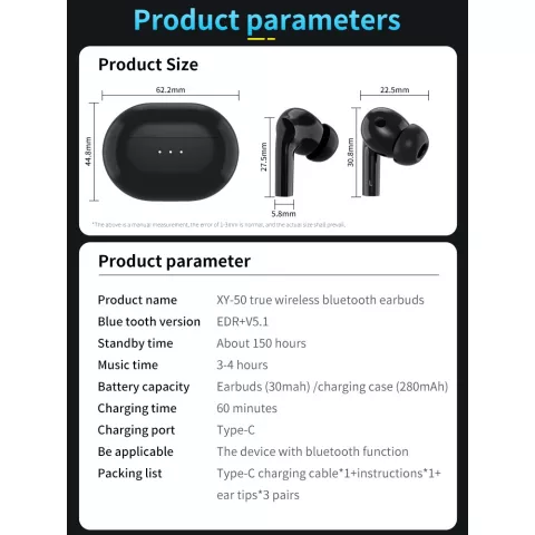 XY Kabellose Kopfh&ouml;rer, Bluetooth-Ohrh&ouml;rer, In-Ear-Kopfh&ouml;rer mit aktiver Ger&auml;uschunterdr&uuml;ckung, TWS ANC, Schwarz