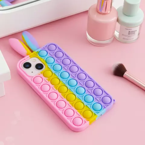 Bunny Pop Fidget Bubble Silikonh&uuml;lle Kompatibel mit iPhone 15 Plus - Pink, Gelb, Blau und Lila