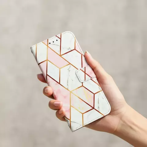 Rose Marble Wallet Kunstlederh&uuml;lle Kompatibel mit iPhone 12 und 12 Pro - Weiss und Rosa