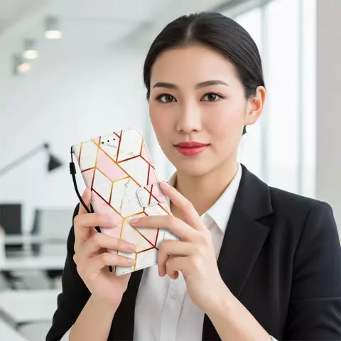 Rose Marble Wallet Kunstlederh&uuml;lle Kompatibel mit iPhone 12 und 12 Pro - Weiss und Rosa