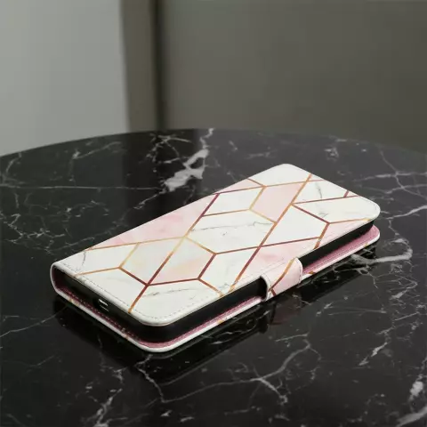 Rose Marble Wallet Kunstlederh&uuml;lle Kompatibel mit iPhone 12 und 12 Pro - Weiss und Rosa