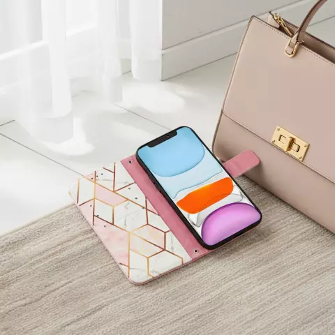 Rose Marble Wallet Kunstlederh&uuml;lle Kompatibel mit iPhone 12 und 12 Pro - Weiss und Rosa
