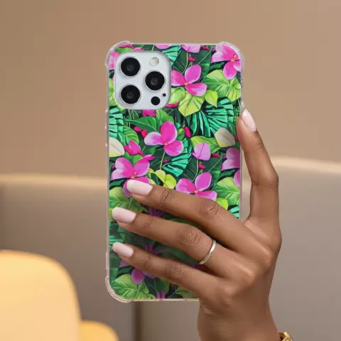 Schutzh&uuml;lle mit tropischen Bl&auml;ttern und Blumen aus TPU mit verst&auml;rkten Ecken, Kompatibel mit iPhone 16 Pro