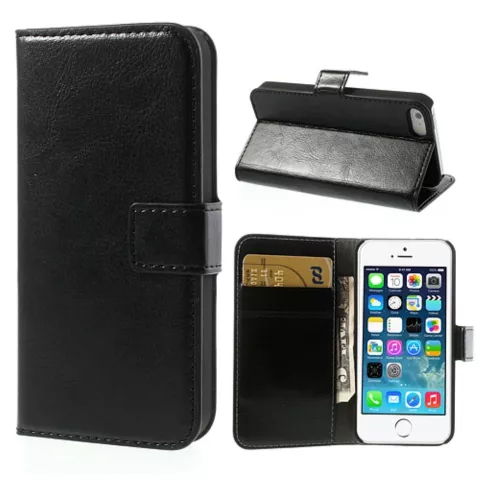 Schwarzes Leder B&uuml;cherregal Fall und Brieftasche iPhone 5 5s SE 2016 Cover Leder Brieftasche