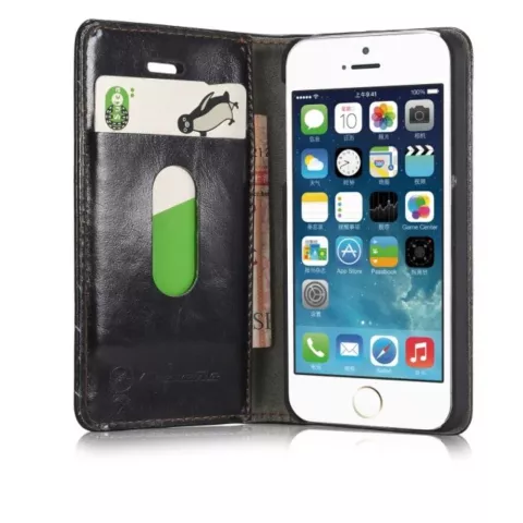 Caseme Oil Wallet Ledertasche Kompatibel mit iPhone 5 5s SE 2016 - Bookcase Schwarz
