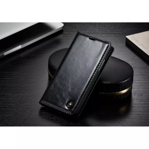 Caseme Oil Wallet Ledertasche iPhone X XS - B&uuml;cherregal Schwarz