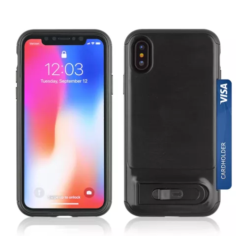 Kartenclip H&uuml;lle iPhone X XS TPU und Kunststoffabdeckung mit St&auml;nder - Schwarz