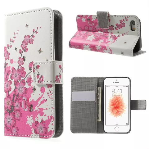 Blossom Bees iPhone 5 5s SE 2016 Kunstleder Brieftasche B&uuml;cherregal H&uuml;lle - Pink White