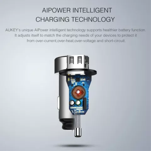 Aukey Universal Dual USB Autoladeger&auml;t 2,4 Ampere - Grau