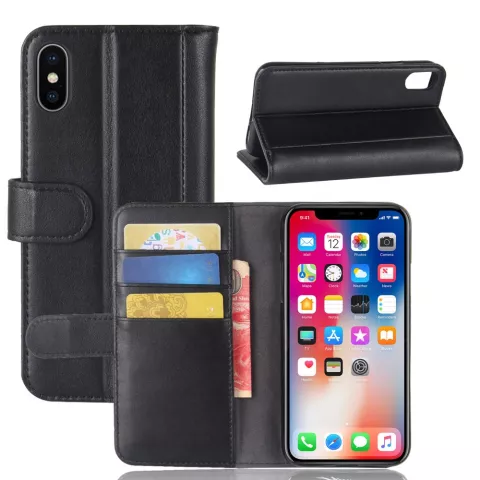 Echtes Leder Brieftasche Kartenetui f&uuml;r iPhone X XS - Schwarz