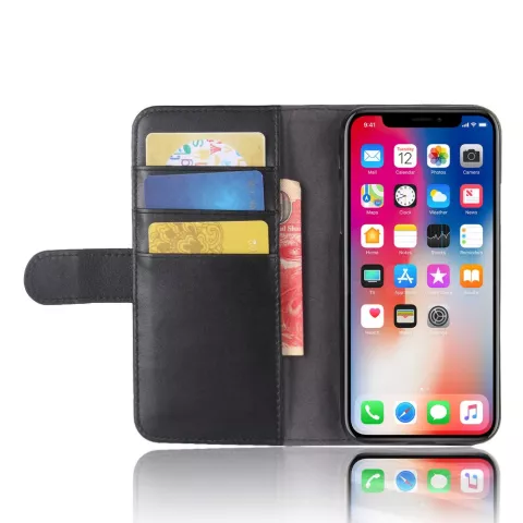 Echtes Leder Brieftasche Kartenetui f&uuml;r iPhone X XS - Schwarz